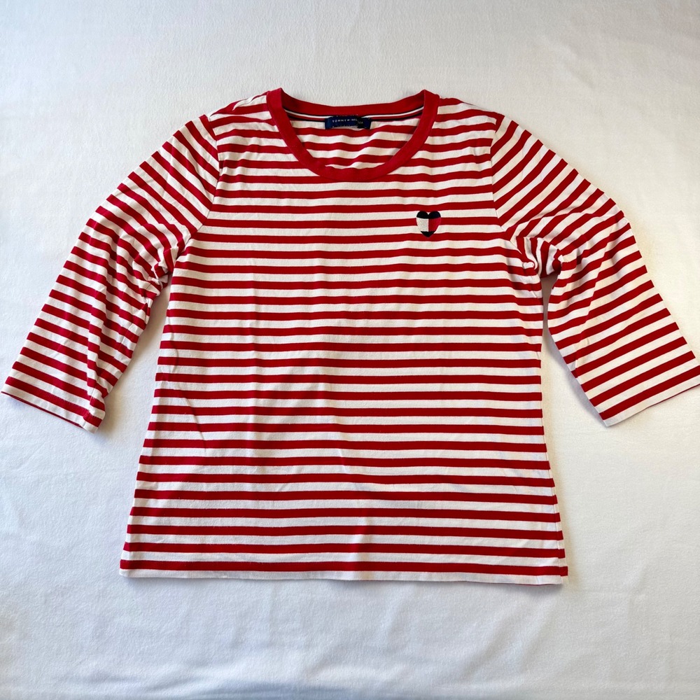 Tommy Hilfiger Striped 3/4 Sleeve Shirt Women's M‎ Red White Nautical Preppy